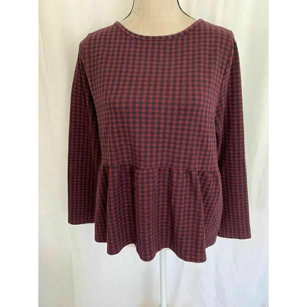 Zara Womens Burgundy Red Black Checked Long Sleeve Sweater Top Large